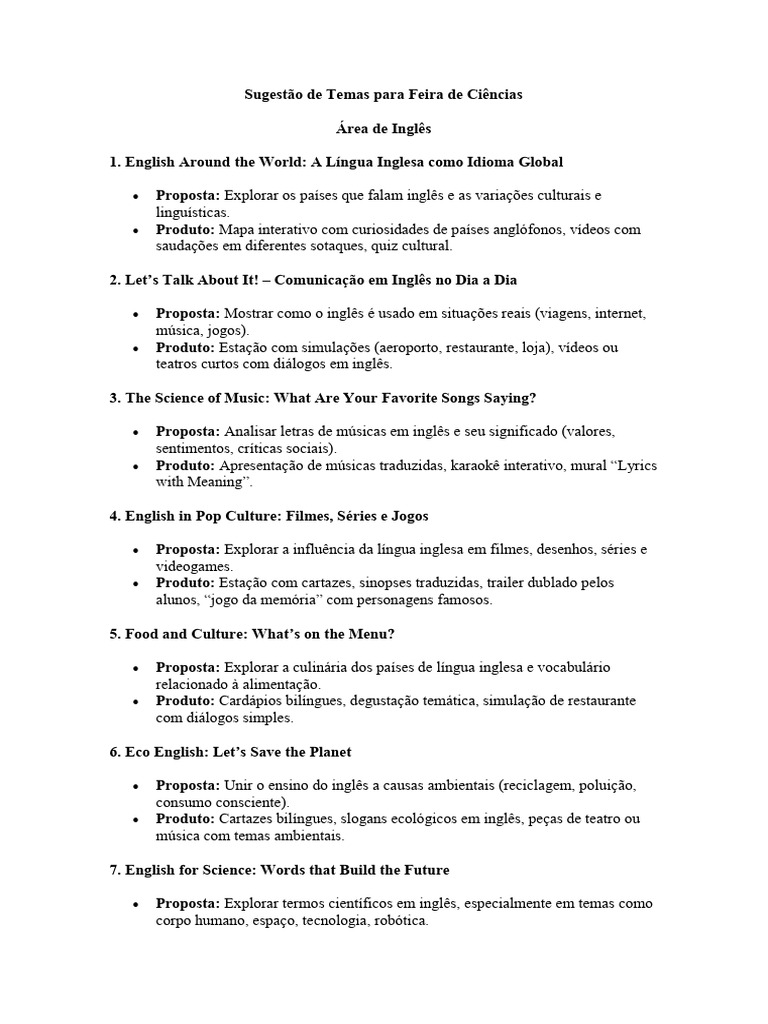Temas para Feira de Ciências em Inglês | PDF