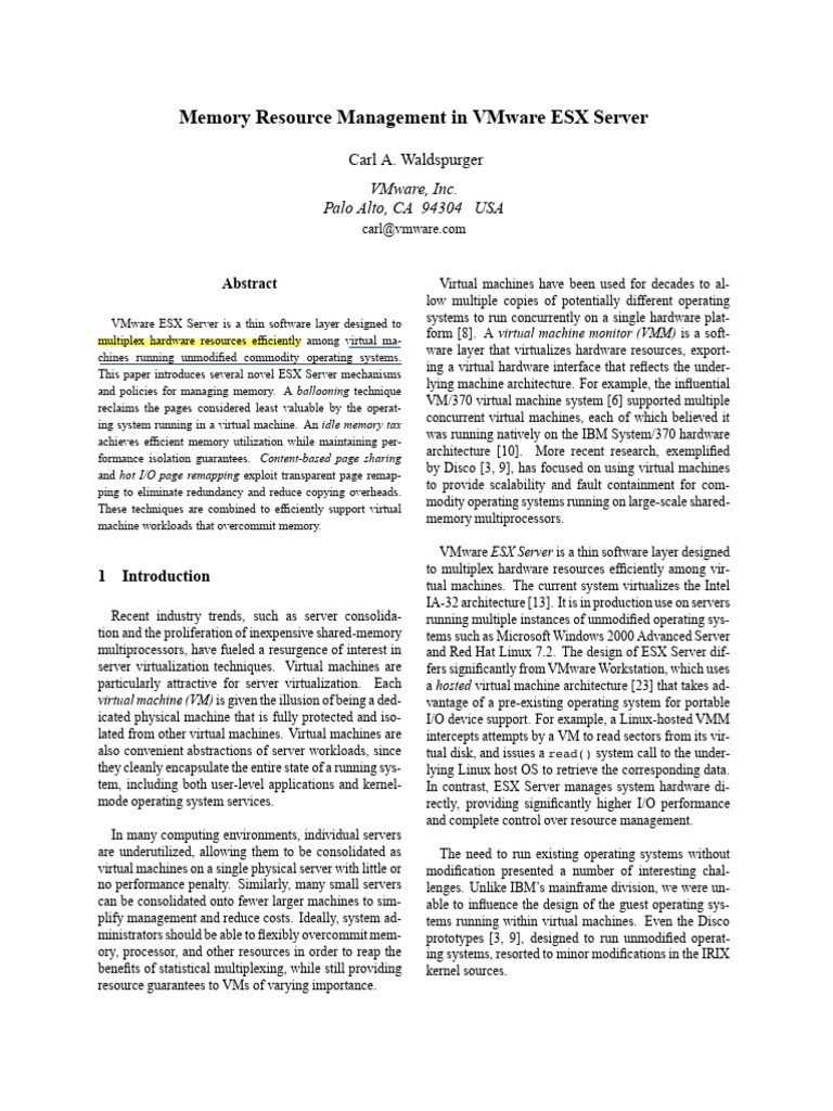 Memory Management in VMware ESX | PDF | Virtual Machine | Operating System