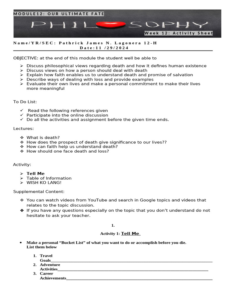 PHILO MODULE 13 Answer Sheets | PDF | Reincarnation | Grief
