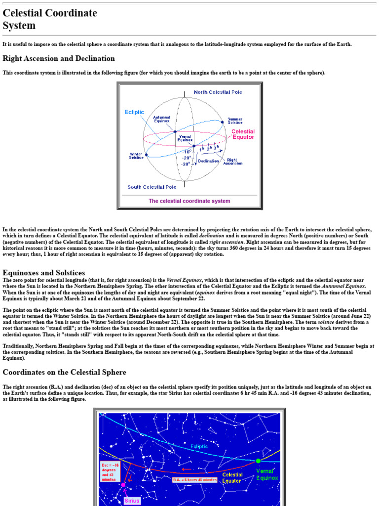 Celestial Coordinate System Pdf Equator Sphere