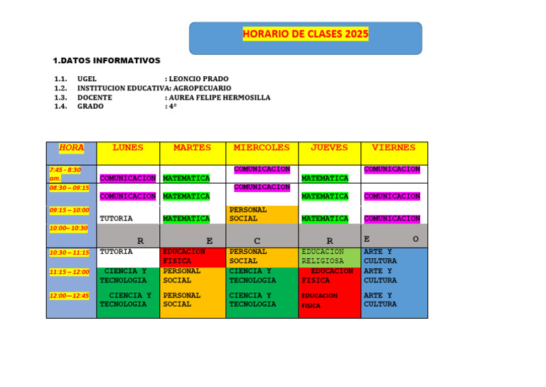 Horario de Clases Primaria 2025 | PDF