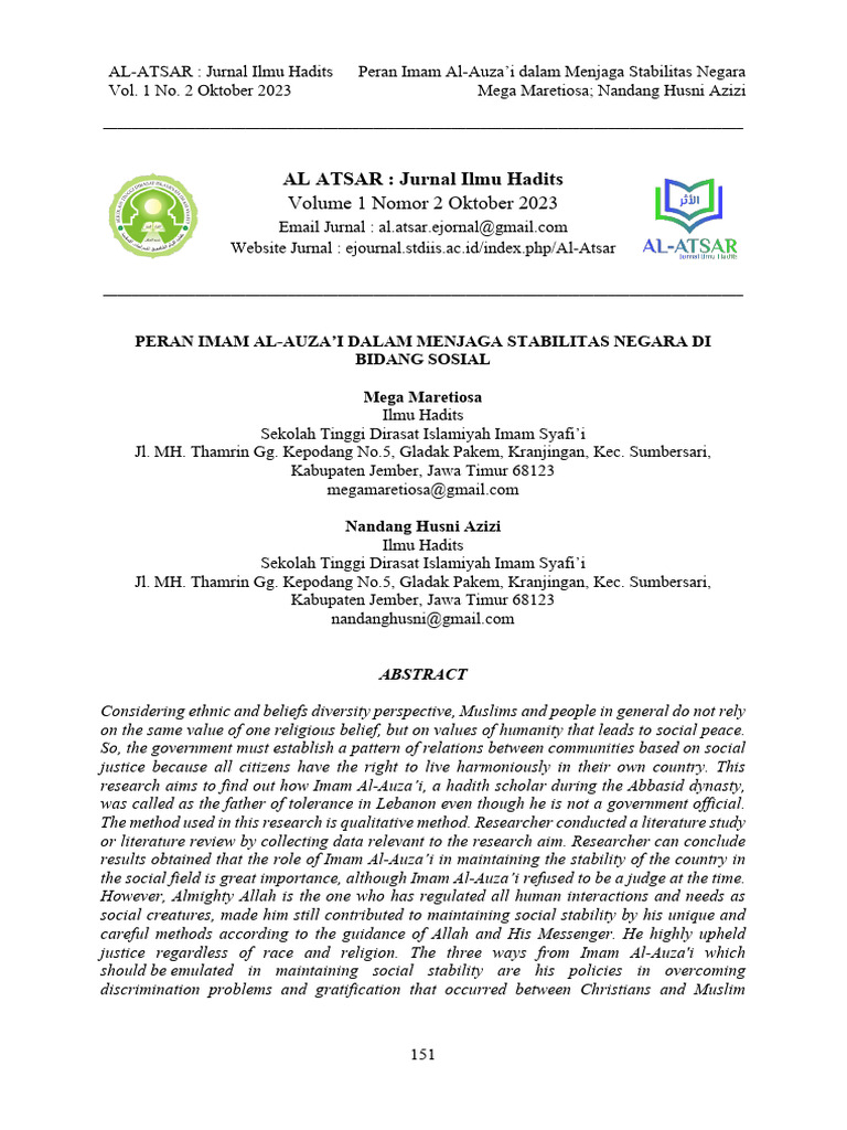 AL ATSAR: Jurnal Ilmu Hadits: Volume 1 Nomor 2 Oktober 2023 | PDF