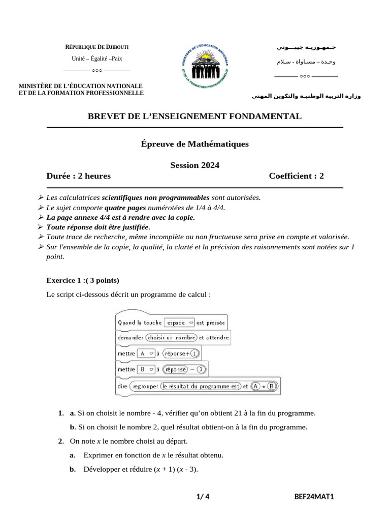 Sujet BEF Mathématiques 2024 Djibouti | PDF | Triangle | Cercle