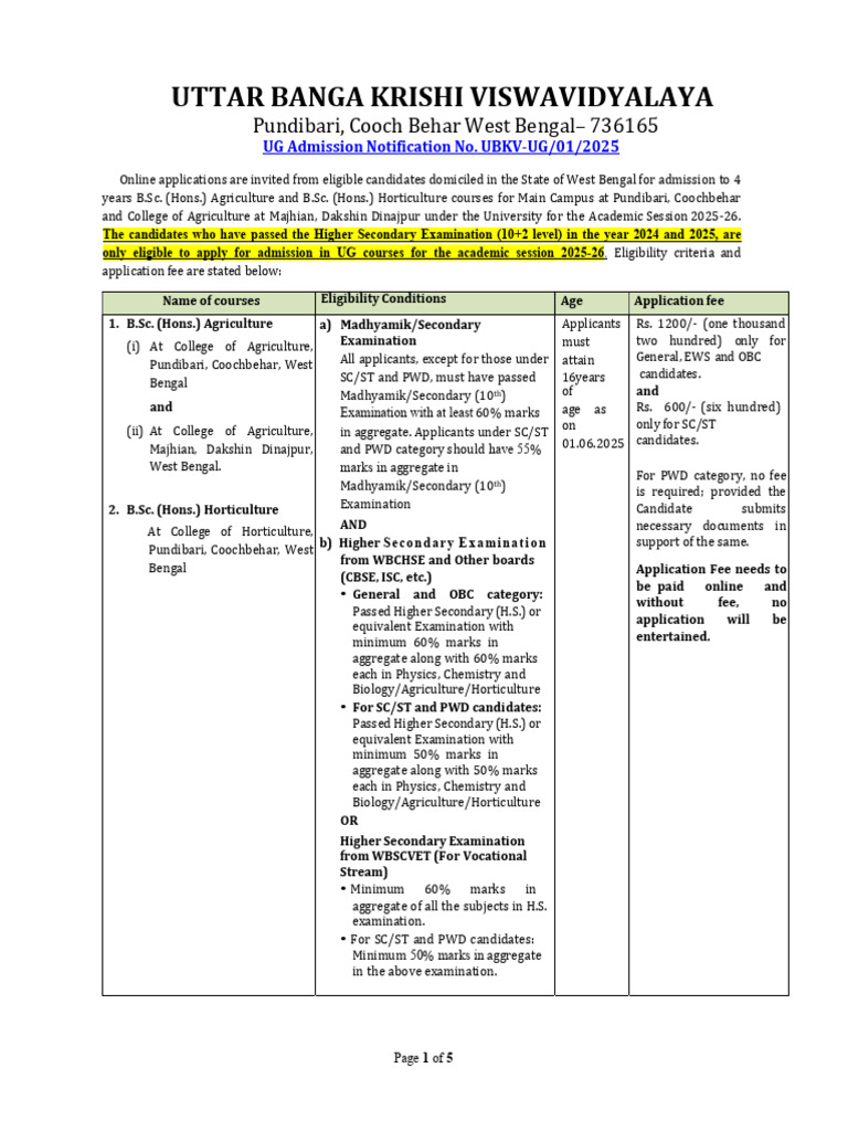 UBKV UG Admission Notification 2025 | PDF