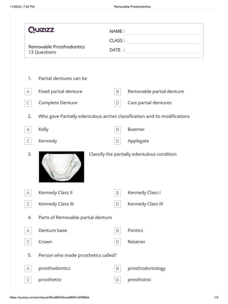 Quiz-Removable Prosthodontics | PDF | Dentures | Dental Implant