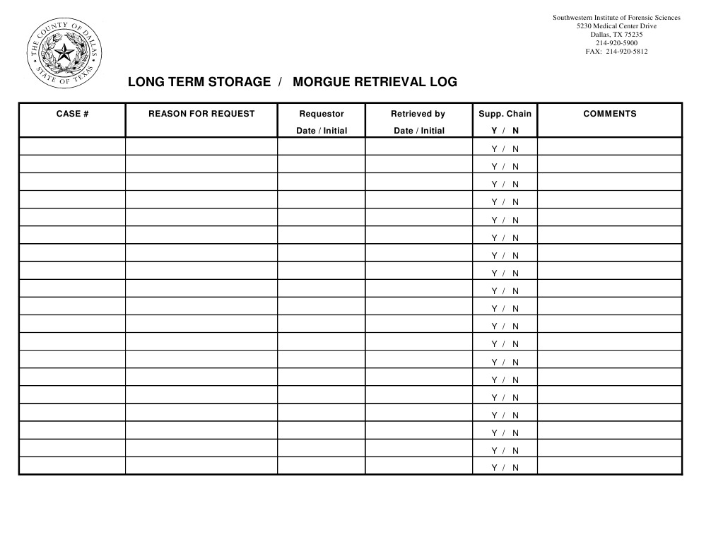 Morgue Retrieval Log for Long-Term Storage | PDF