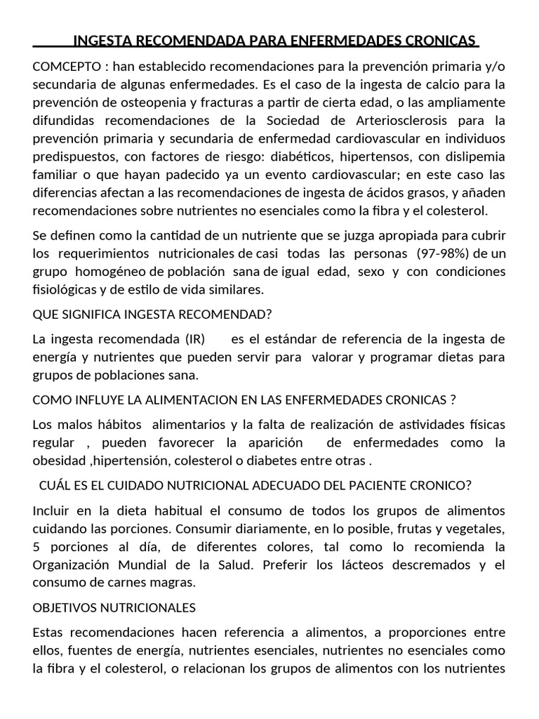Ingesta Recomendada para Enfermedades Crónicas | PDF | Dieta | gordo