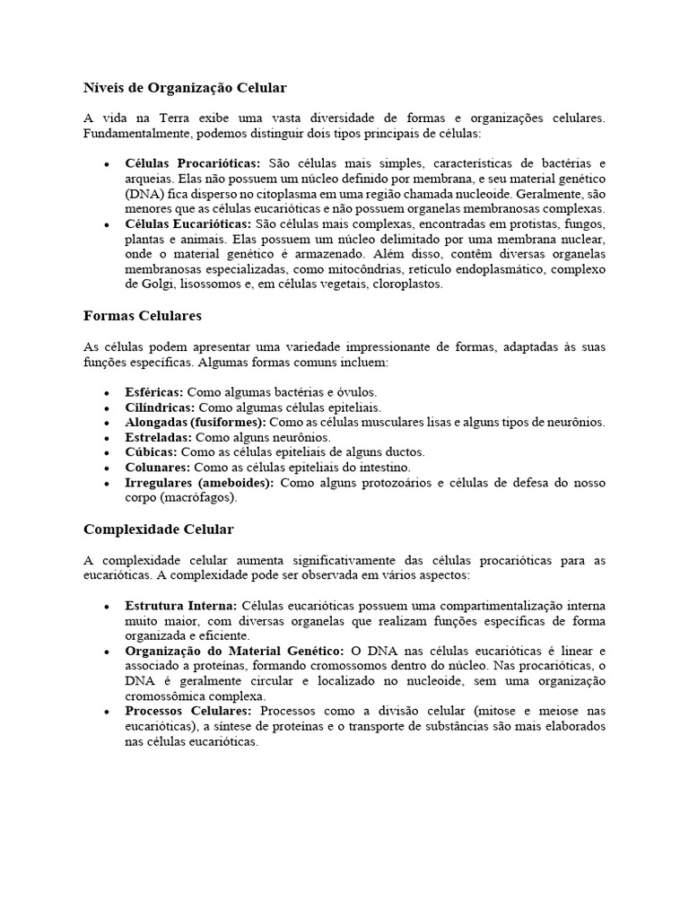 Níveis e Tipos de Organização Celular | PDF