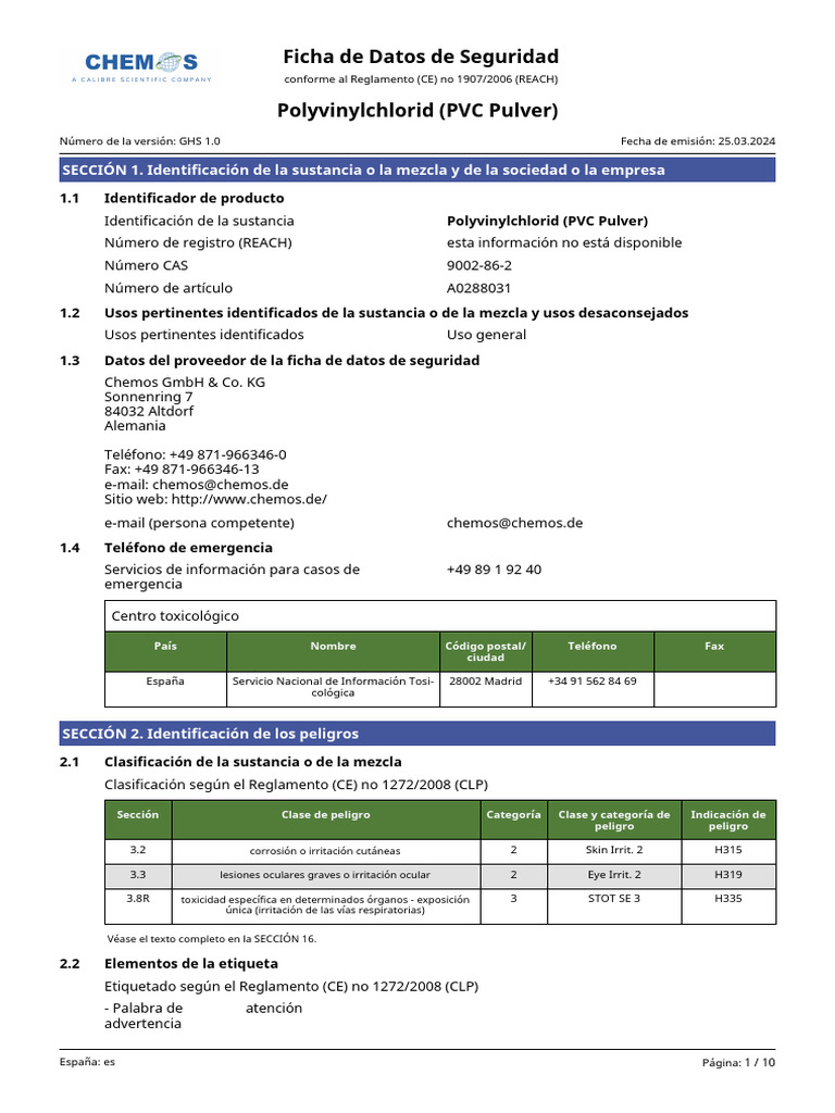Ficha de Seguridad: PVC Pulver (9002-86-2) | PDF | Química