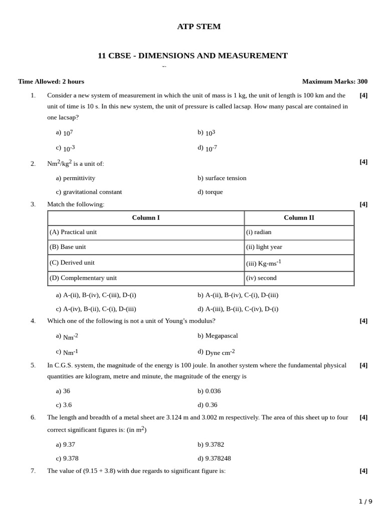 11 CBSE - Units and Measurement Worksheet | PDF | Force | Momentum