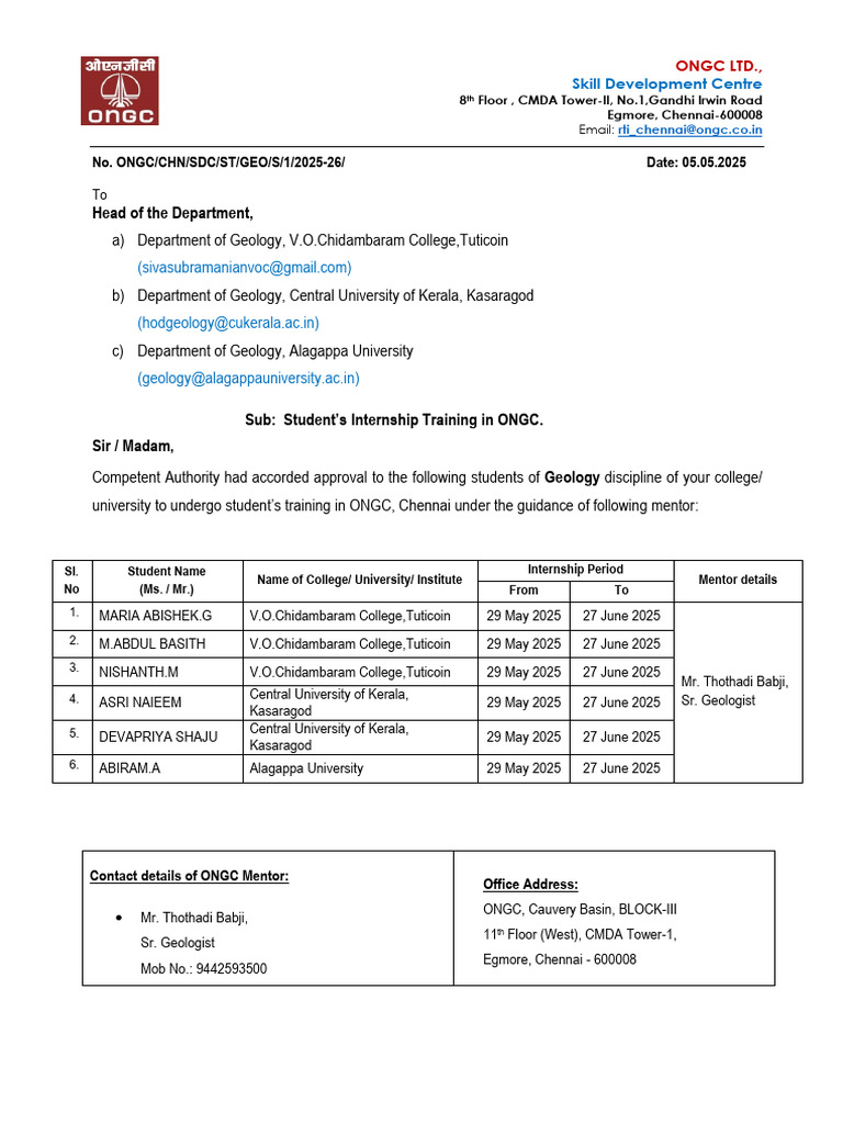 73 Geology Students Internship Intimation Letter | PDF | Government And ...