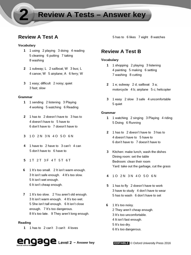 Engage 2 Review a Tests Answer Key | PDF