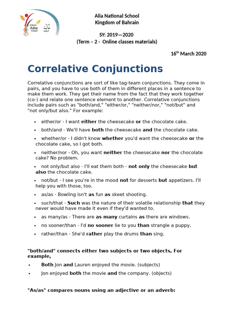 Correlative Conjunctions Guide & Exercises | PDF | Subject (Grammar ...