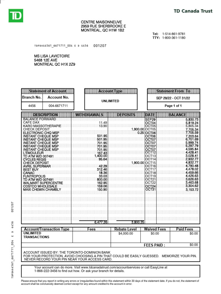TD Bank Account Statement Overview | PDF | Cheque | Service Industries