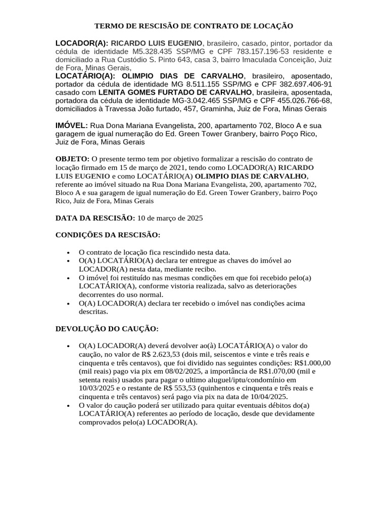 Termo de Rescisão de Contrato de Locação | PDF | Aluguel | Direito Privado
