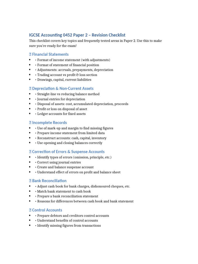 IGCSE Accounting 0452 Paper 2 Checklist | PDF