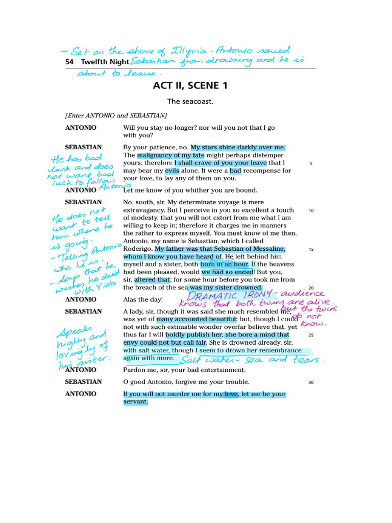 CLASS 7 Twelfth Night Act 2 Scene 1 With Notes | PDF