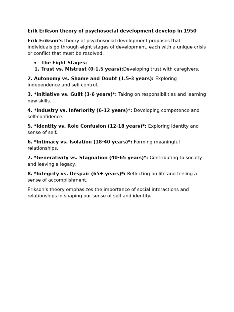 Erikson's Eight Stages of Development | PDF