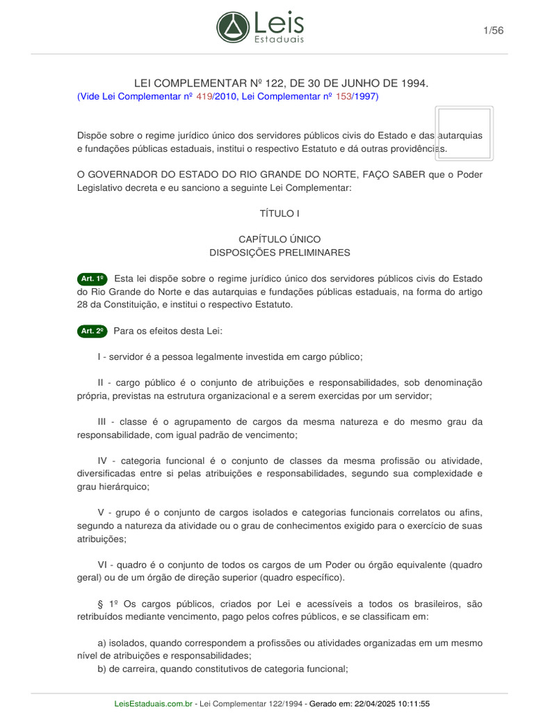 Lei Complementar 122/94: Regime Jurídico dos Servidores | PDF | Férias ...