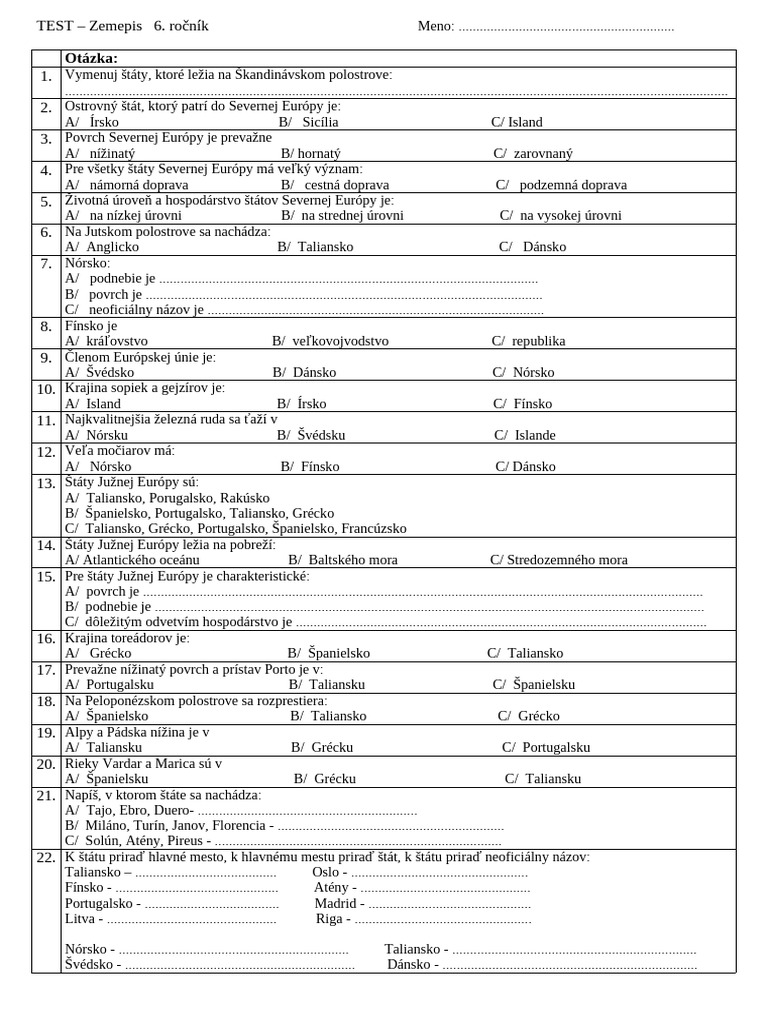 TEST-zemepis, 6 Roc | PDF