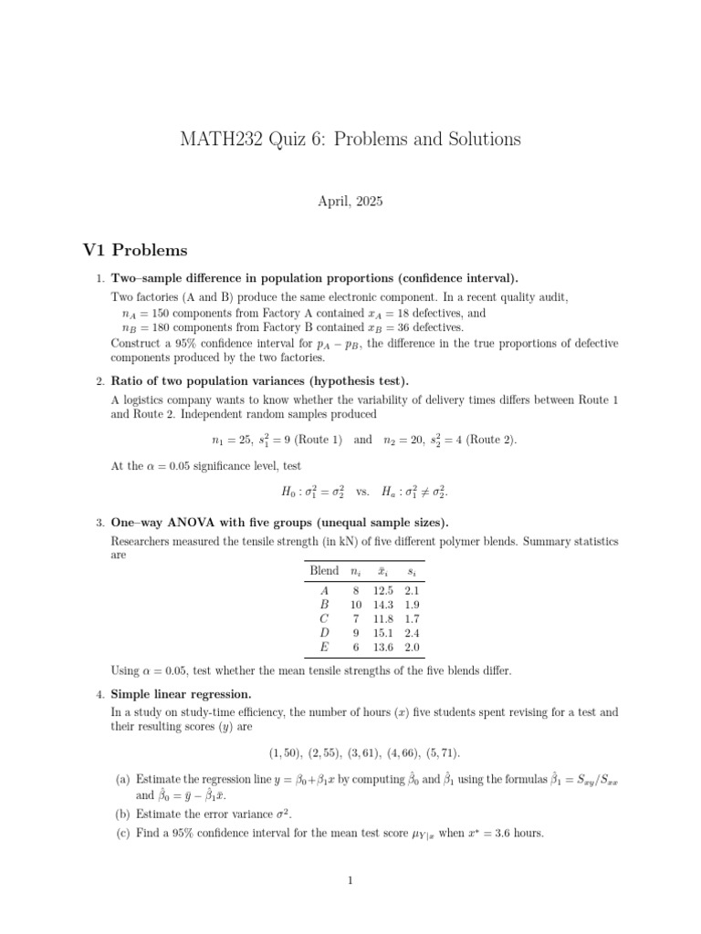MATH232 Quiz 6: Statistical Problems & Solutions | PDF | Errors And ...