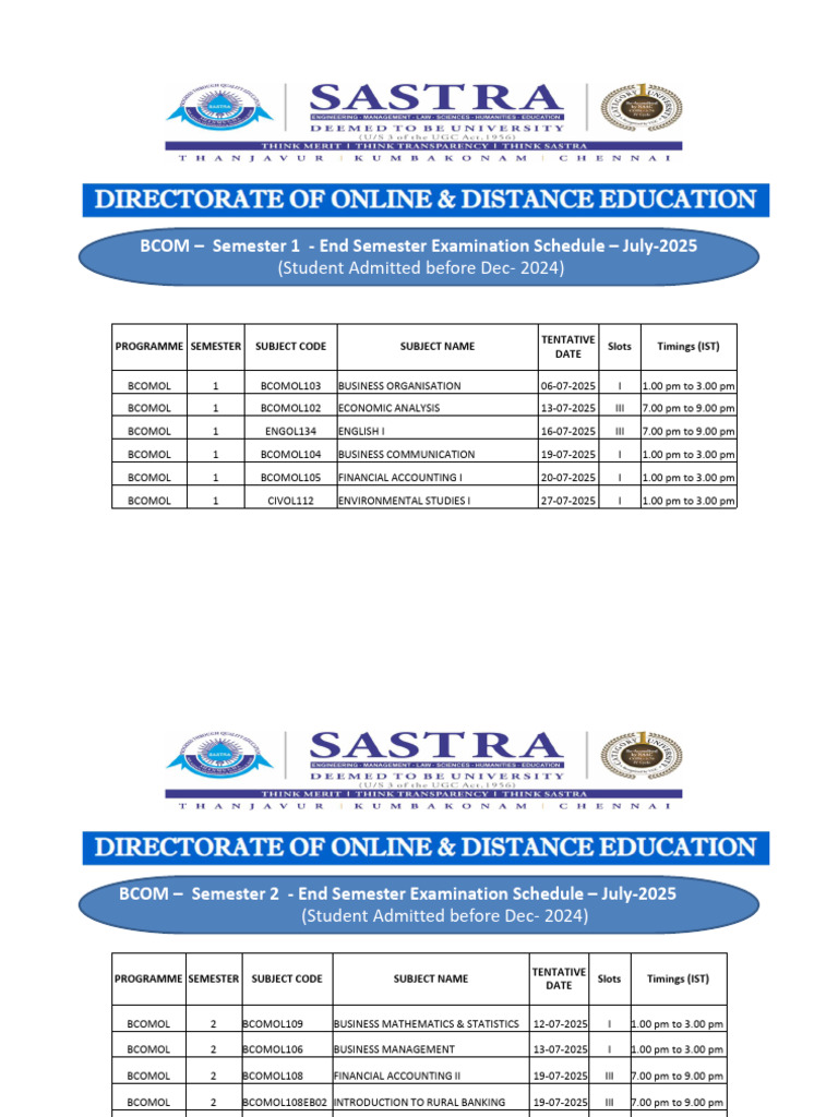 BCOM End Semester Exam Schedule 2025 | PDF | Economies