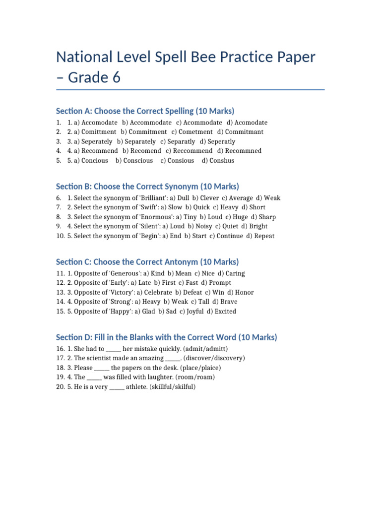Grade 6 Spell Bee Practice Paper | PDF