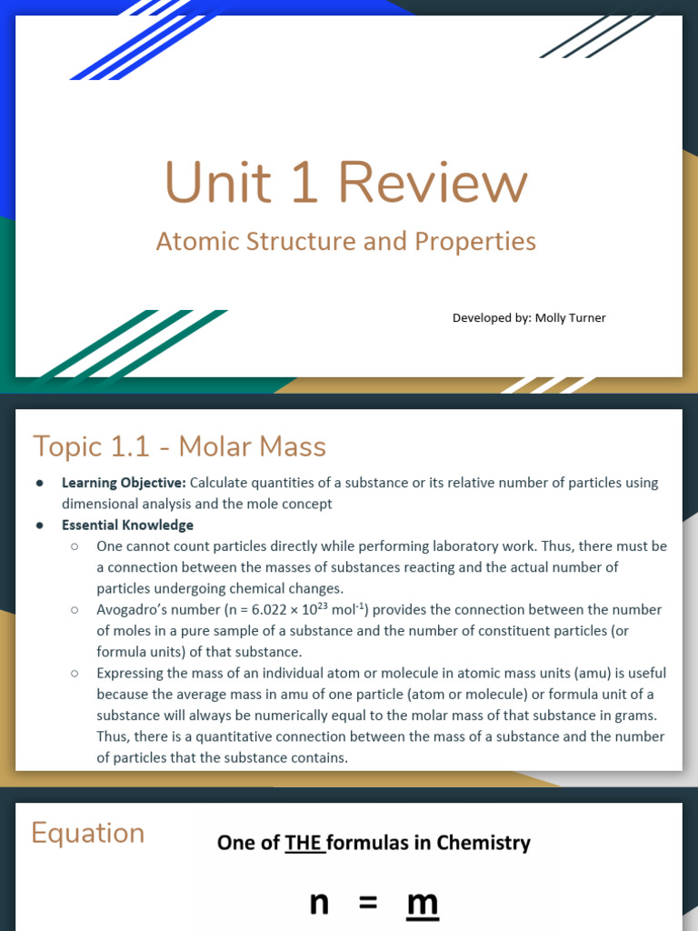 Atomic Structure and Molar Mass Review | PDF | Mole (Unit) | Chemical ...