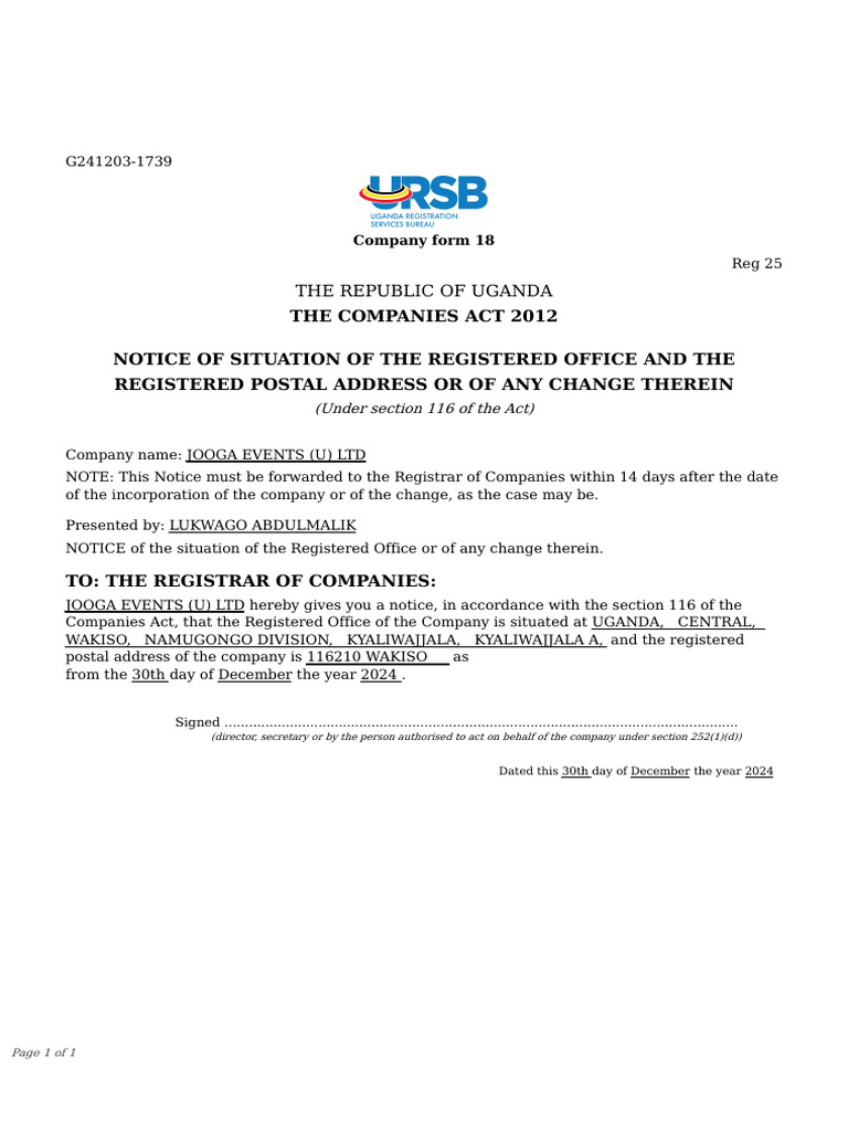 Company Form 18 Registration Notice | PDF