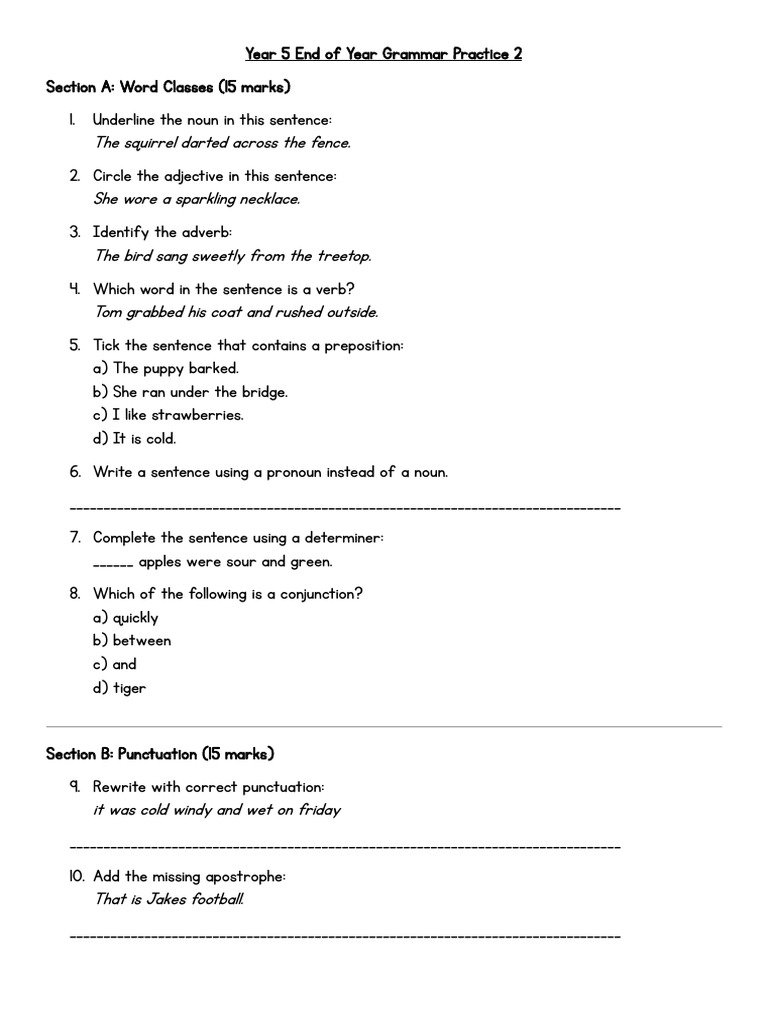 Year 5 Grammar Practice Worksheet | PDF | Part Of Speech | Language ...