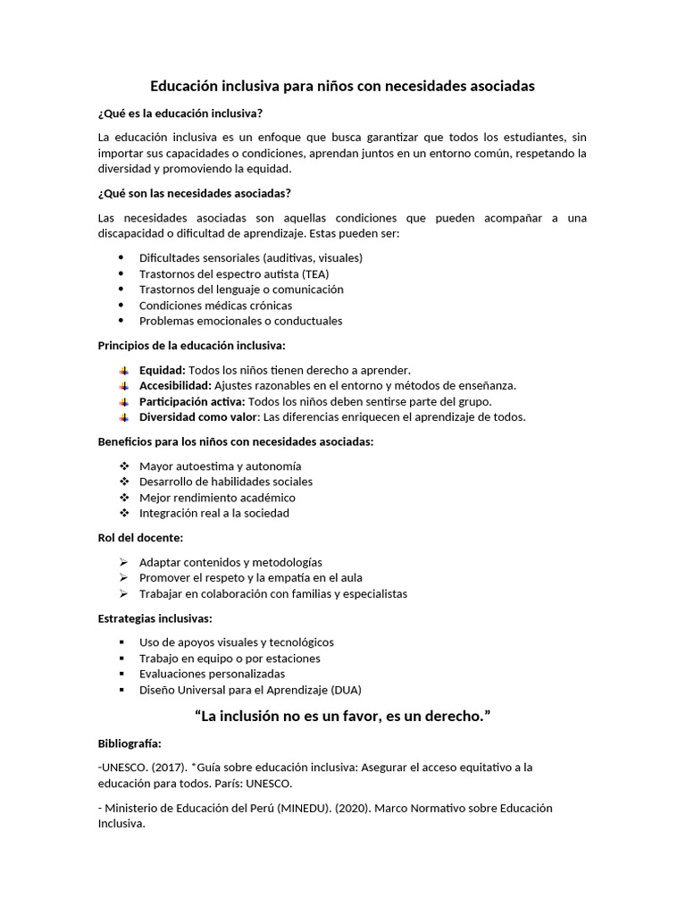 Educación Inclusiva para Niños Con Necesidades Asociadas | PDF