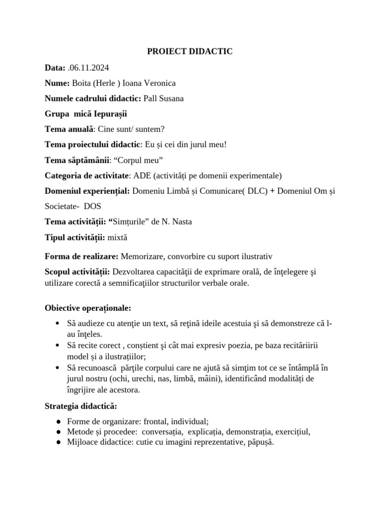 6 Proiect de Activitate DLC+DOS SIMTURILE - Predare | PDF