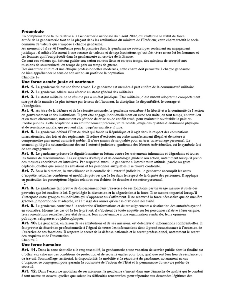 Charte des valeurs de la Gendarmerie | PDF | Sécurité