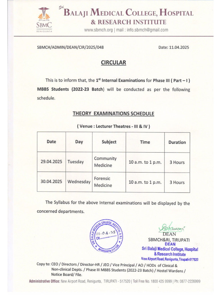 1st Internal Exams To Phase III (Part - I) MBBS Students 2022-23 Batch ...