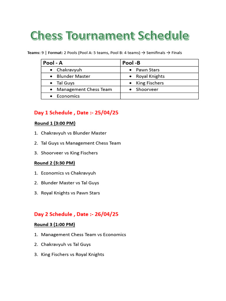 Chess Tournament Schedule 2025 | PDF