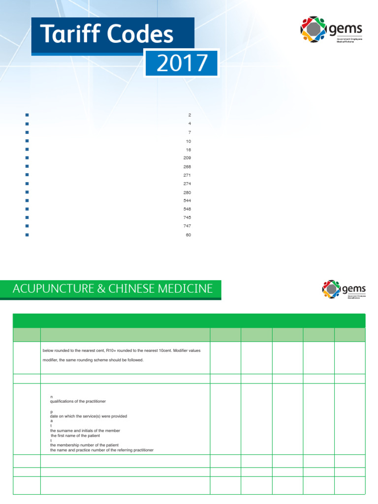 GEMS Tariff Codes for 2017 | PDF | Chiropractic | Acupuncture