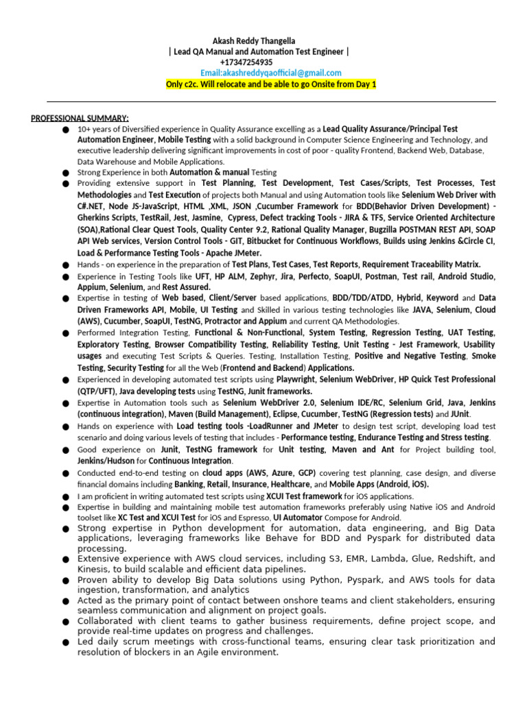 AkashReddy - Lead .Net QA Manual & Automation Engineer | PDF | Selenium ...