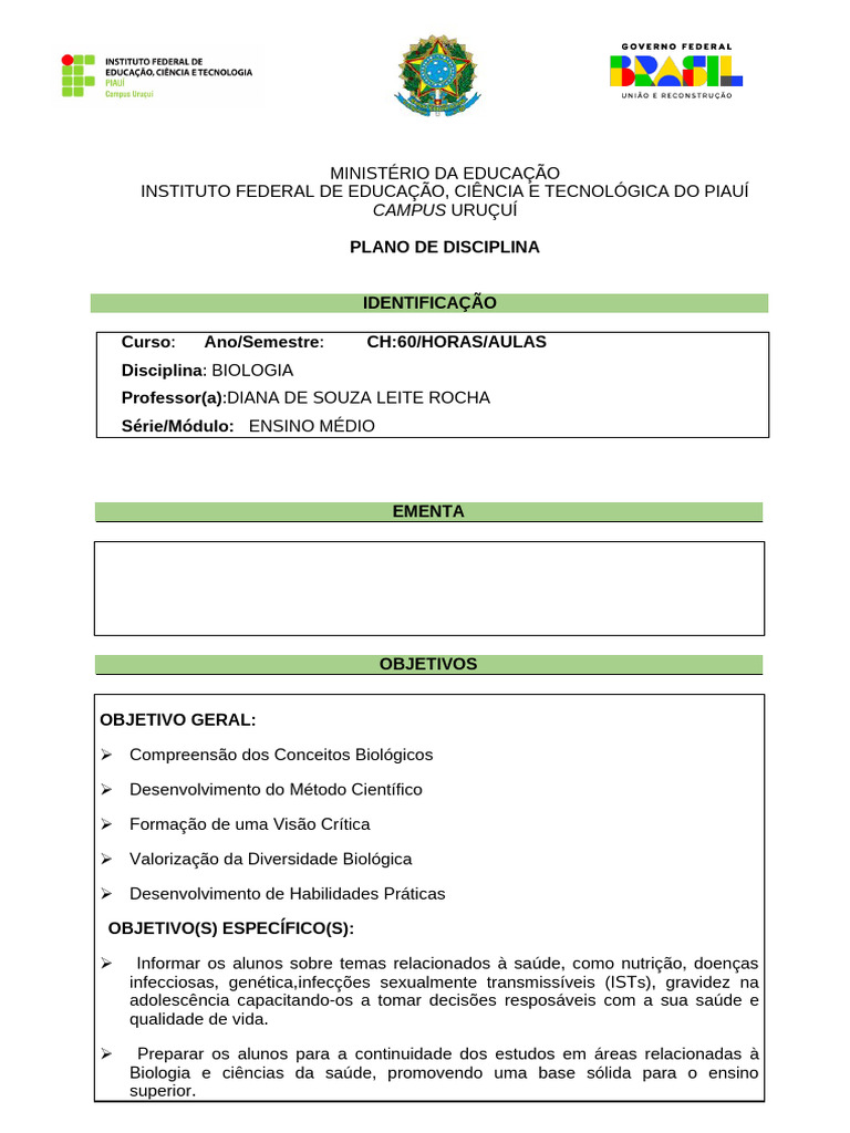 PLANO - DE - ENSINO - MODELO - (1) .Doc MATEUS | PDF | Genética | Biologia