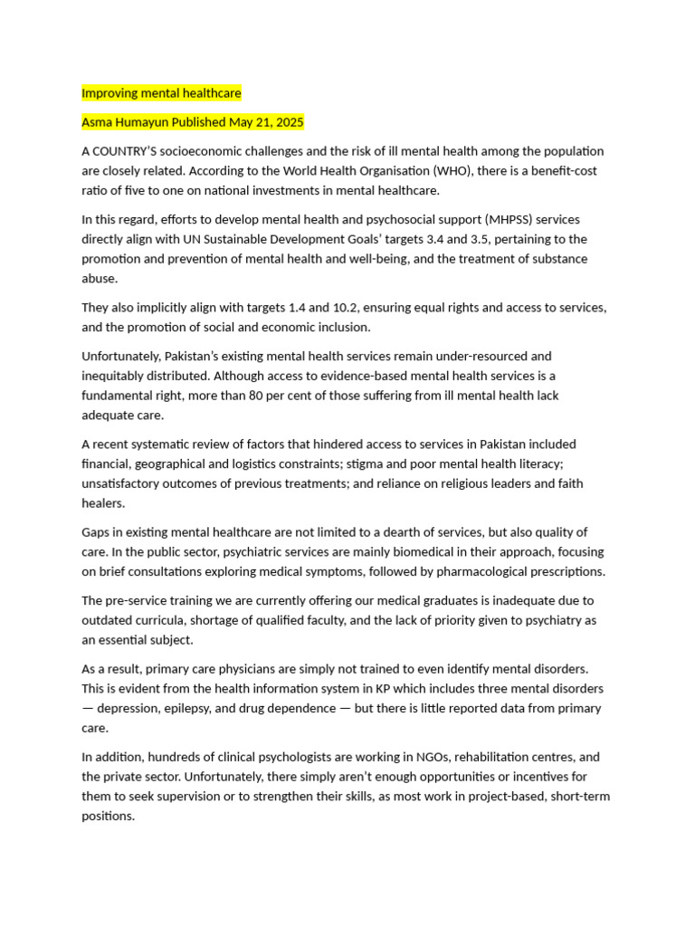 Enhancing Mental Healthcare in Pakistan | PDF | Mental Health | Psychiatry