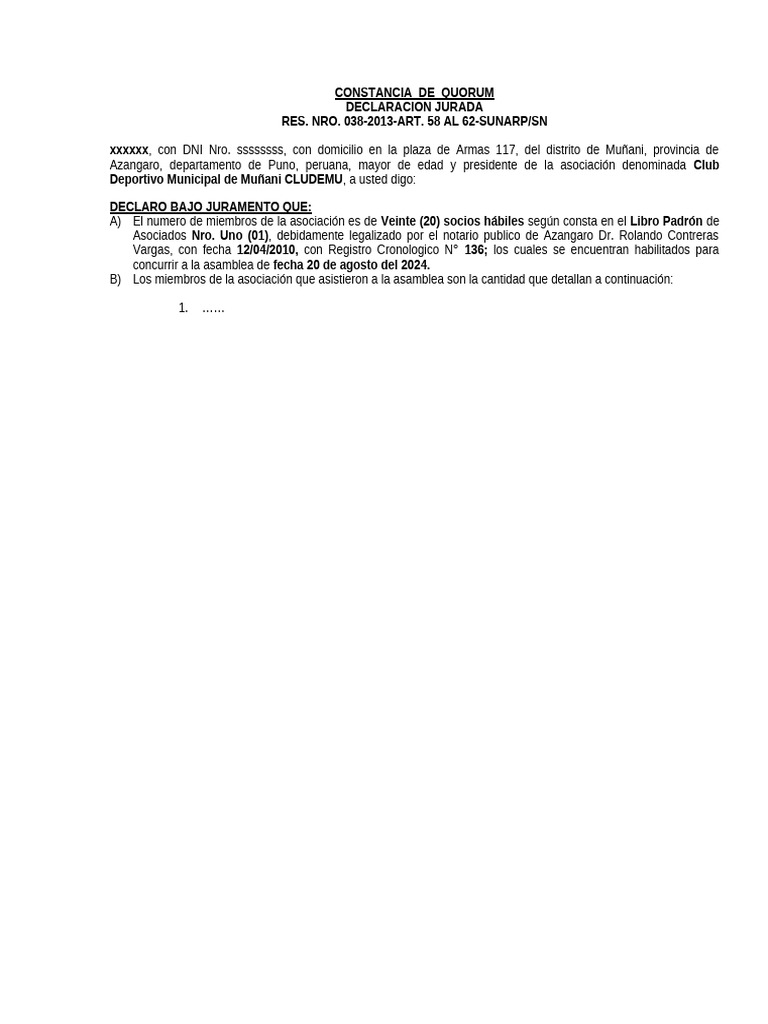 Constancia de Quorum para Asamblea | PDF
