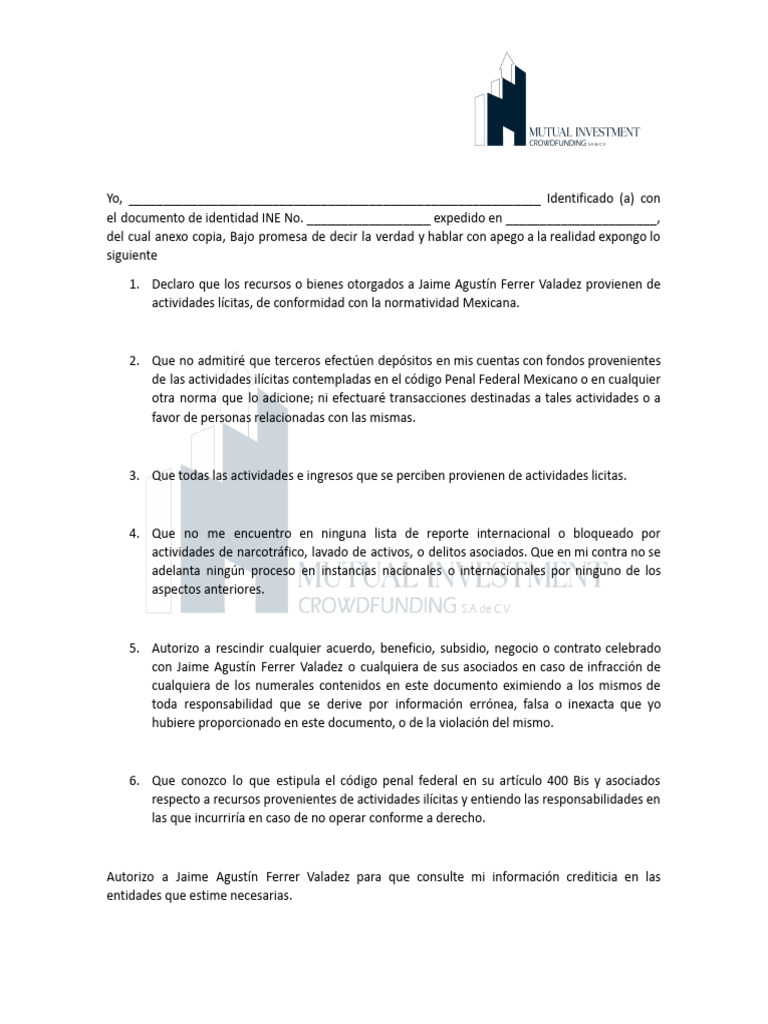 Declaración de Origen de Recursos de Procedencia Lícita - Mi. 2 | PDF