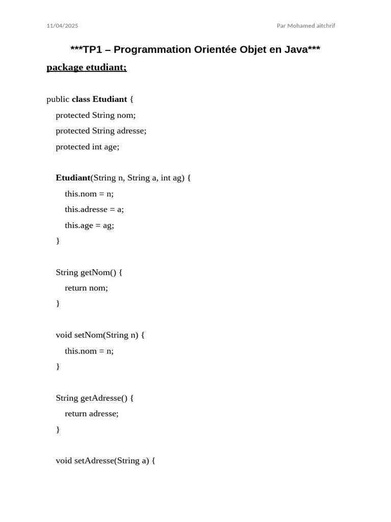 TP1 : Programmation Objet en Java | PDF | Développement de logiciel ...