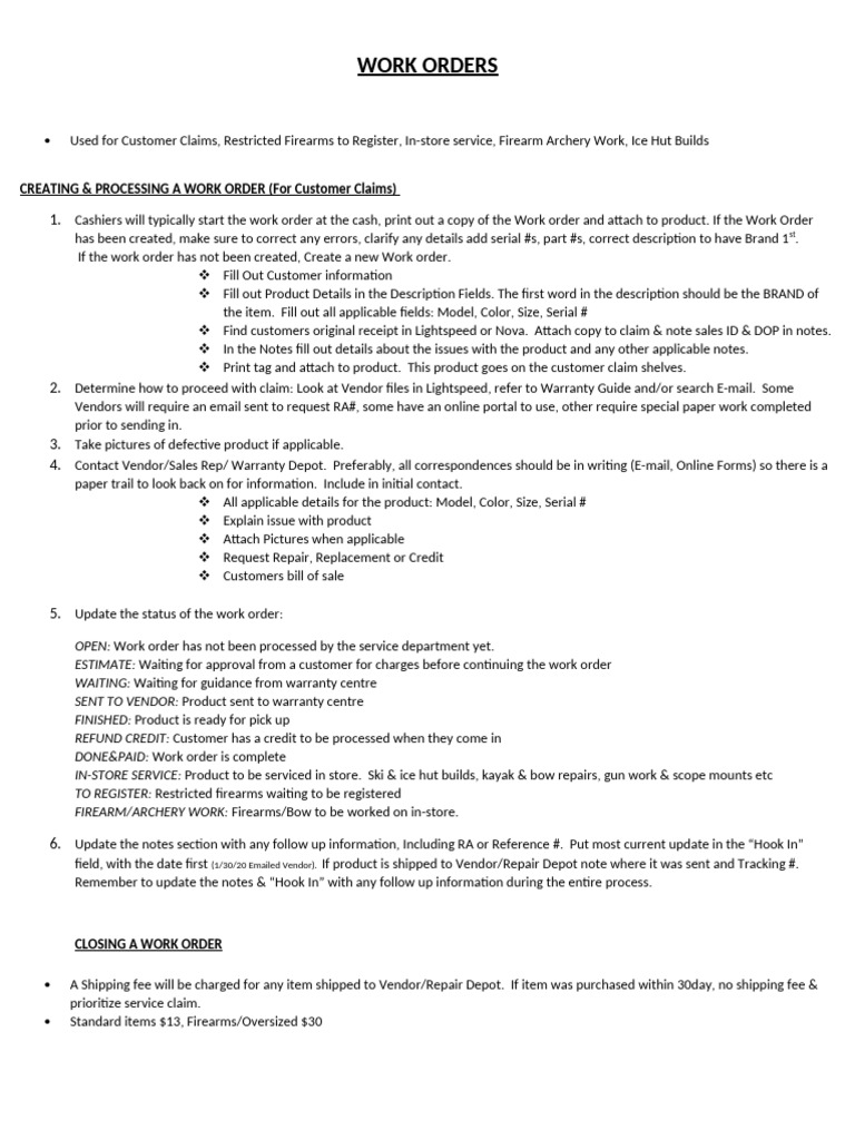 Work Order Process for Customer Claims | PDF