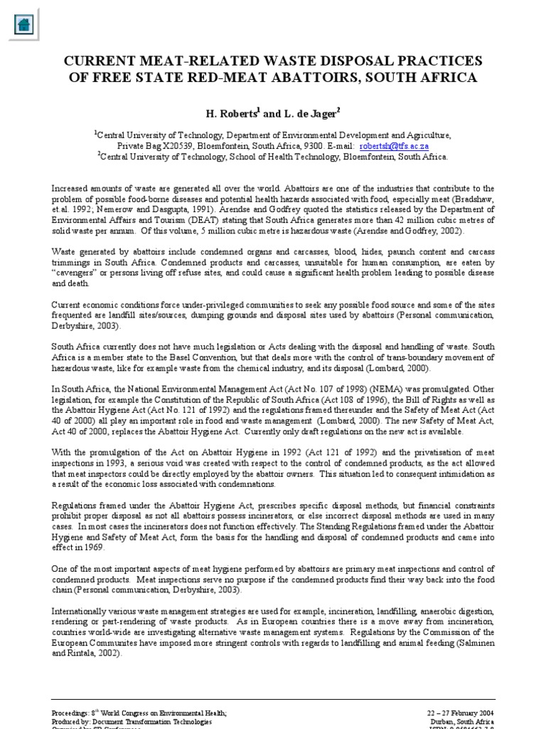 Abattoir Waste Disposal Practices in South Africa | PDF ...