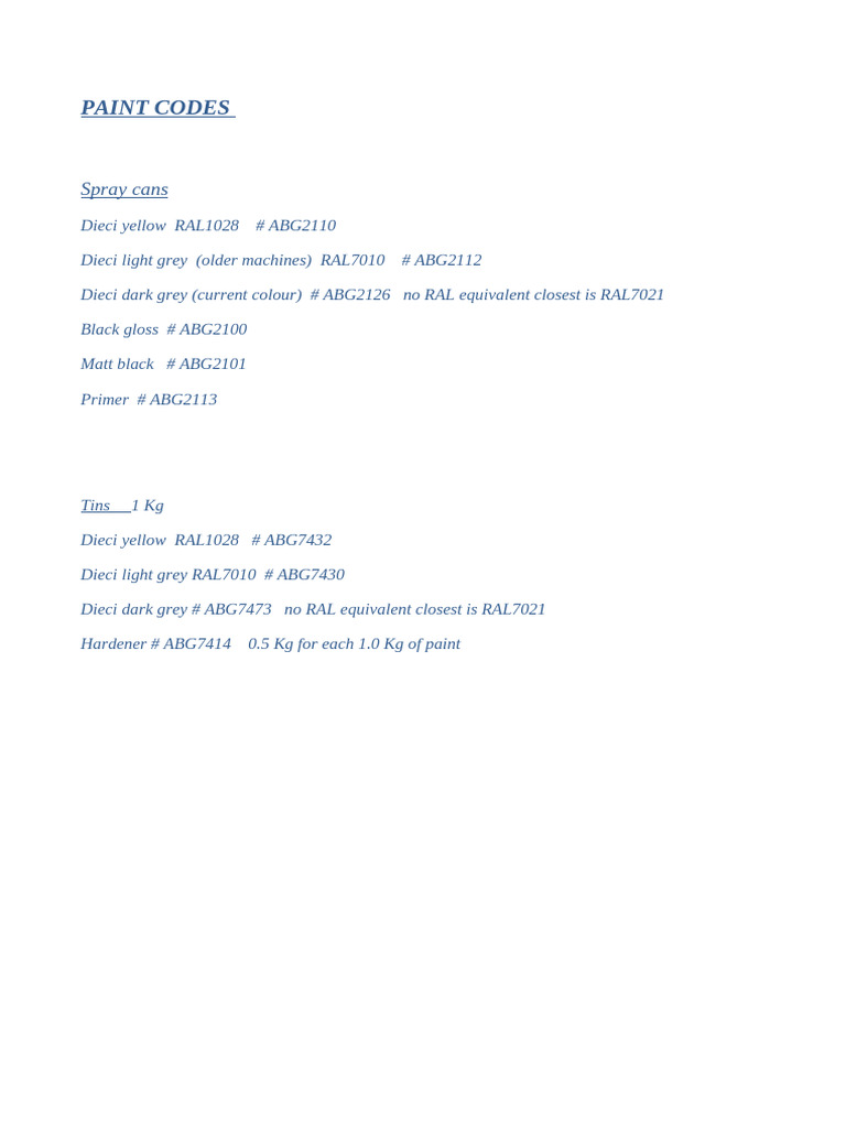 Dieci Paint Codes and RAL Equivalents | PDF