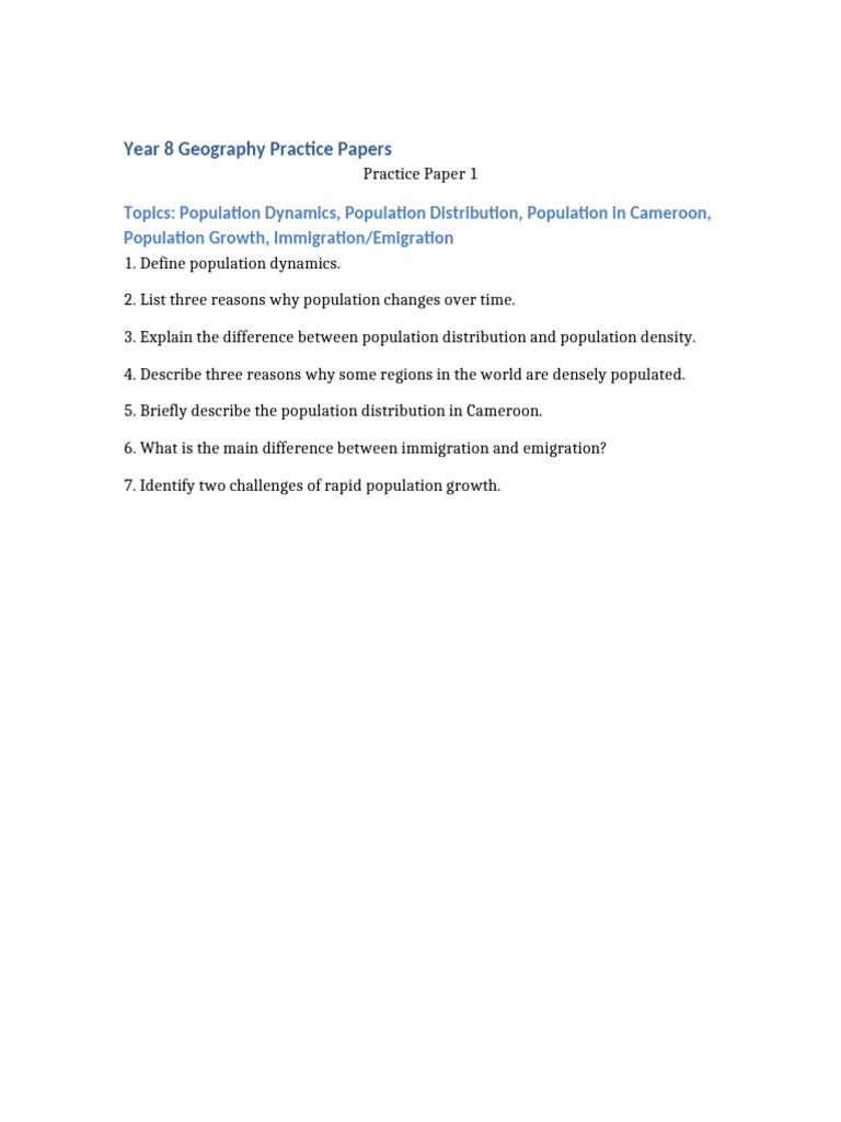 Year 8 Geography: Population Dynamics Test | PDF