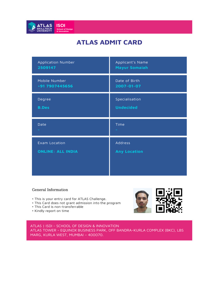 Atlas Admit Card: 2509147 Mayur Somaiah | PDF