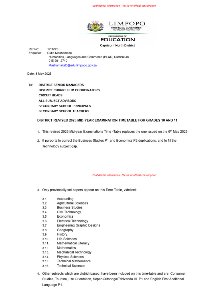 2025 Mid-Year Exam Timetable for Grades 10-11 | PDF | Science