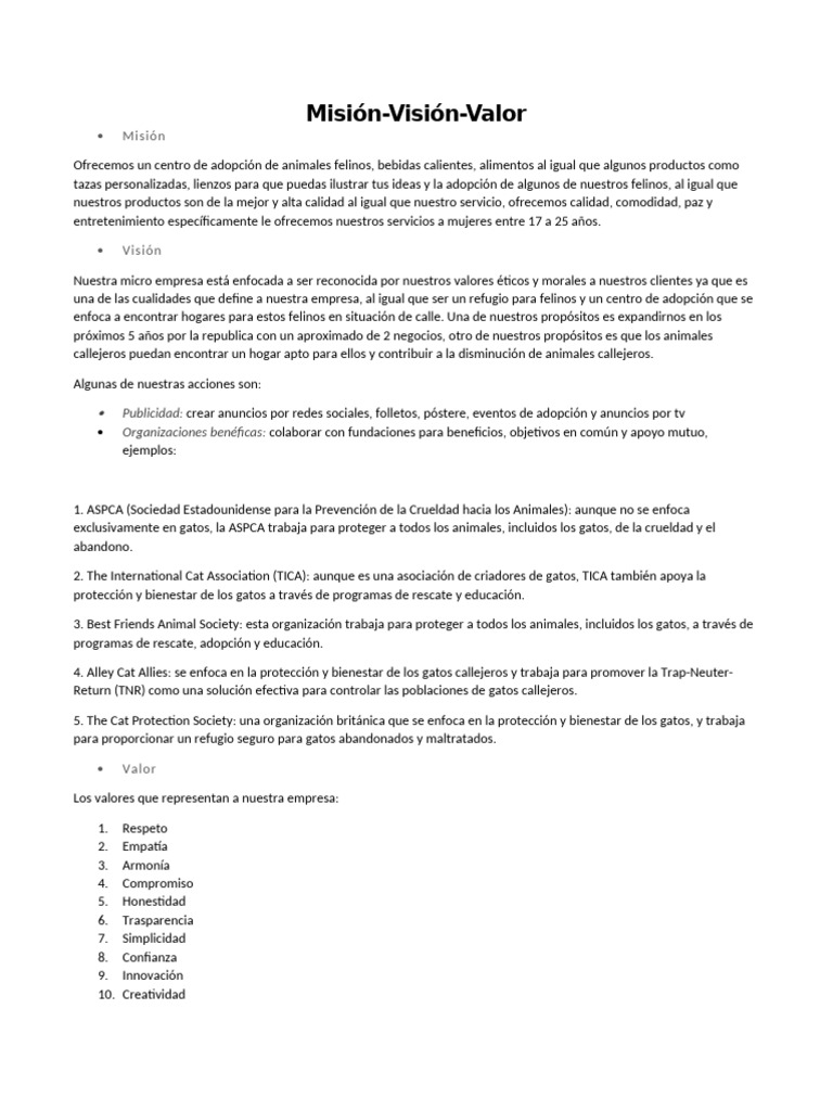 Misión Vision Valor | PDF | Gatos