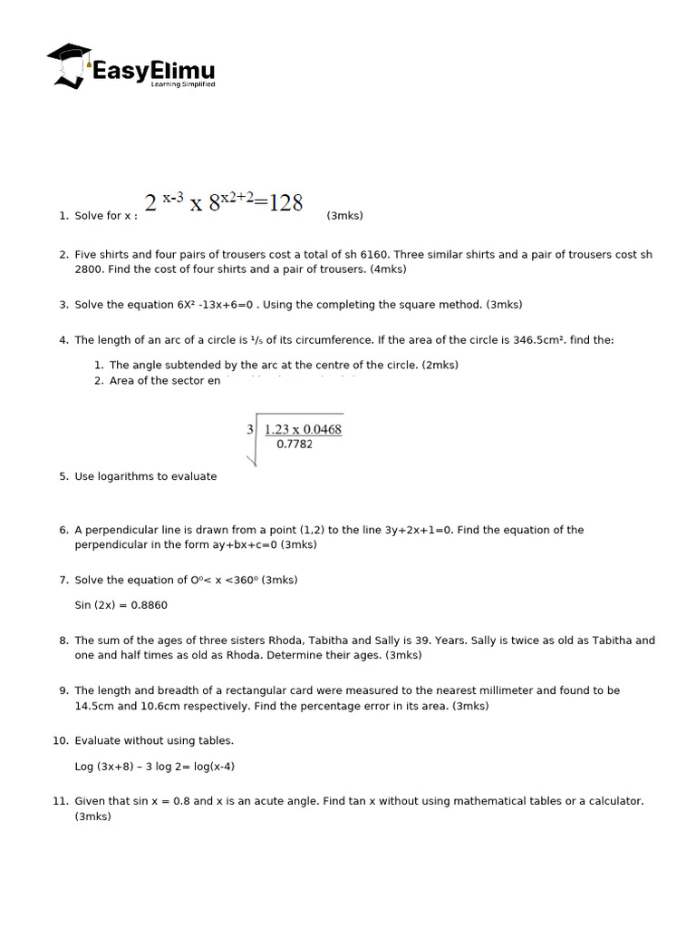 Form 3 Maths Mid Term Exam 2025 | PDF | Circle | Mathematical Objects